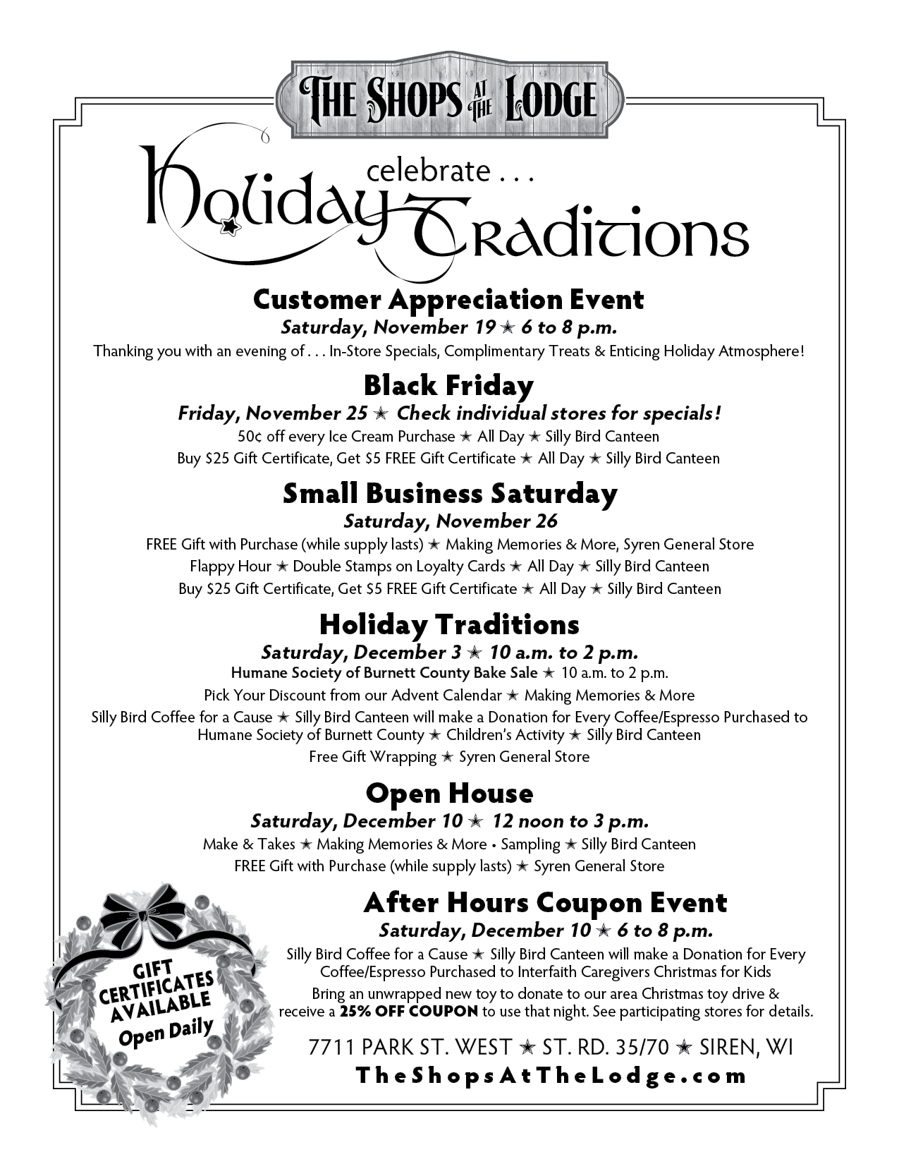 The Shops at the Lodge, Holiday Traditions, Siren, WI